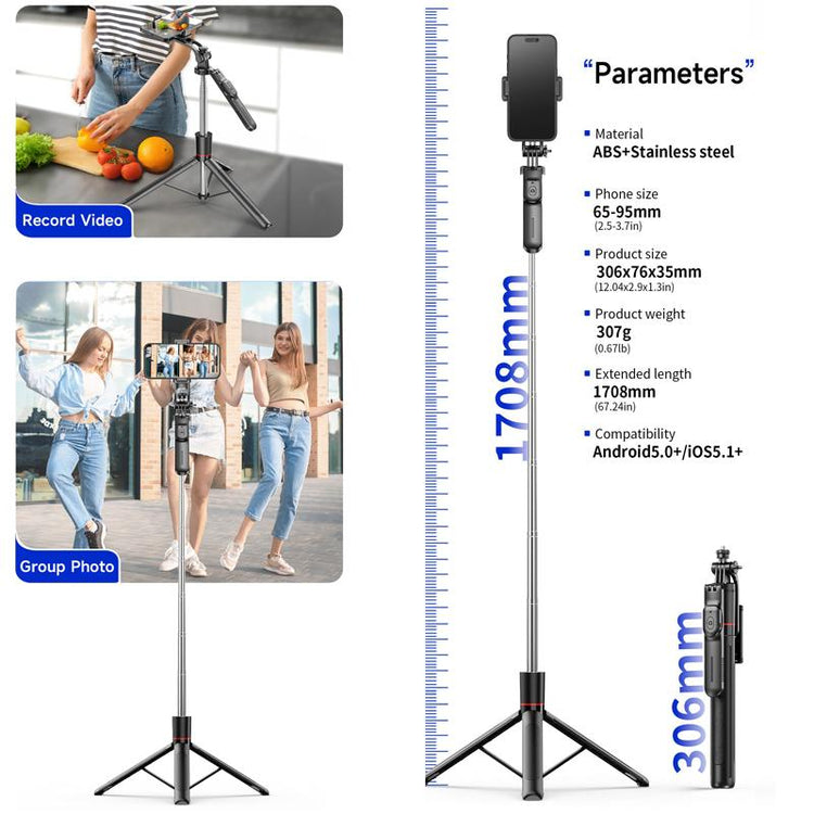 67" Phone Tripod Selfie Stick with Remote,Portable Extendable Aluminum Selfie Stick Phone Stand Compatible with Cell Phone/Camera/Ring Light/Dji/Gopro