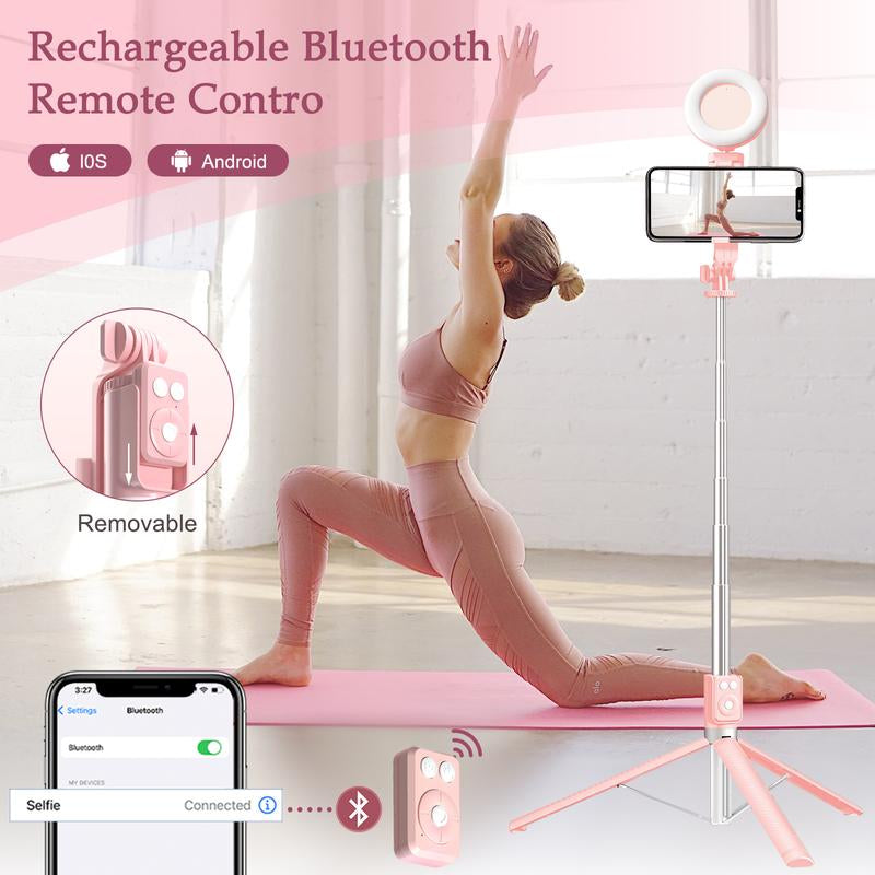 6-In-1 Selfie Tripod W/Dual Fill Lights & Wireless Remote | Portable Adjustable Phone Stand | Detachable 360° Compact Travel Tripod
