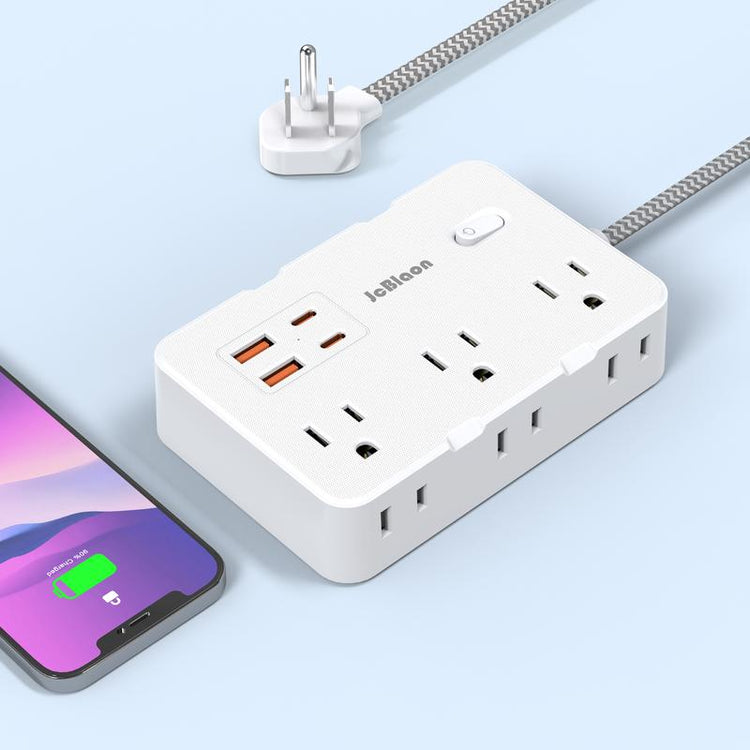 10Ft Flat Plug Extender, 6 Outlets + 4 USB (2 USB-C), Wall Mount. Perfect for Office, Travel & Dorm, Compact & Powerful