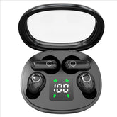 Wireless noise cancelling earbuds for fitness in charging case with digital display.