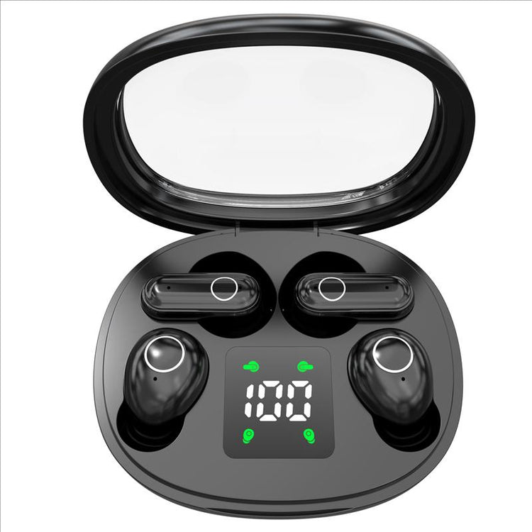 Wireless noise cancelling earbuds for fitness in charging case with digital display.