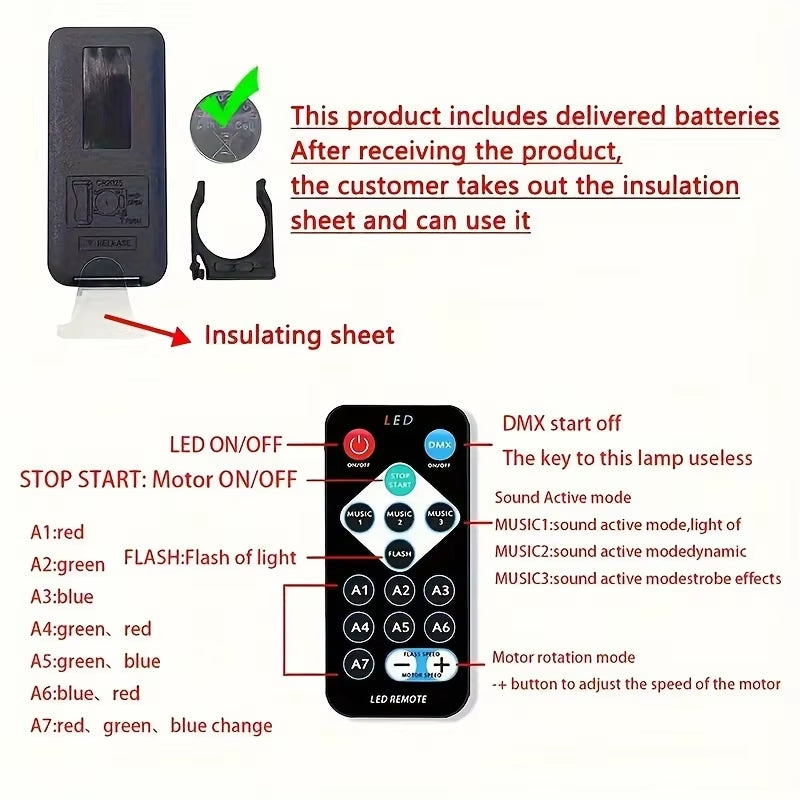 Remote control for LED Galaxy Projector featuring battery instructions and mode settings for dynamic lighting effects.