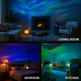Aurora Northern Lights Projector illuminating living room, bedroom, and kitchen with colorful starry lights.