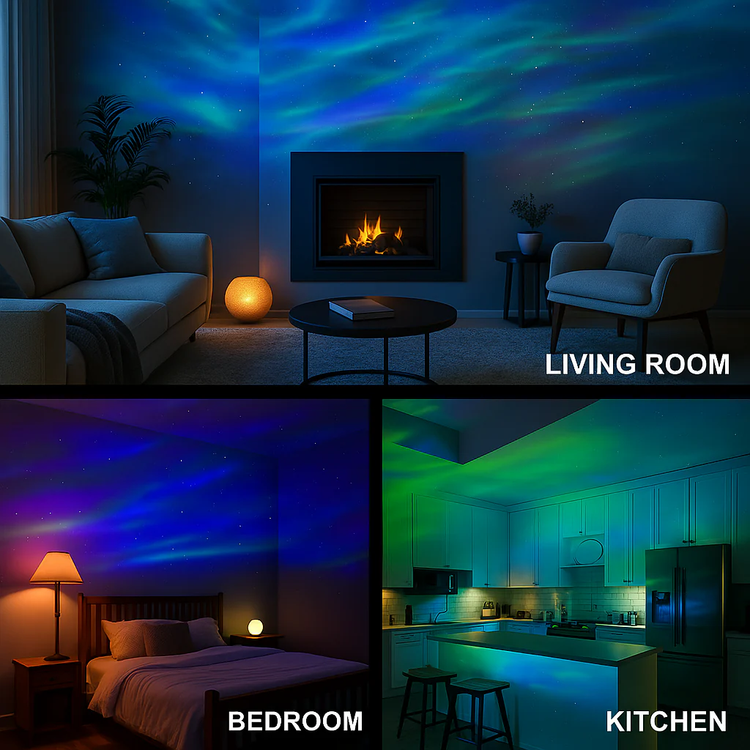 Aurora Northern Lights Projector illuminating living room, bedroom, and kitchen with colorful starry lights.