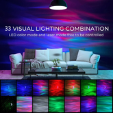 Aurora Northern Lights Projector showcasing 33 visual lighting combinations in a cozy living room setting.
