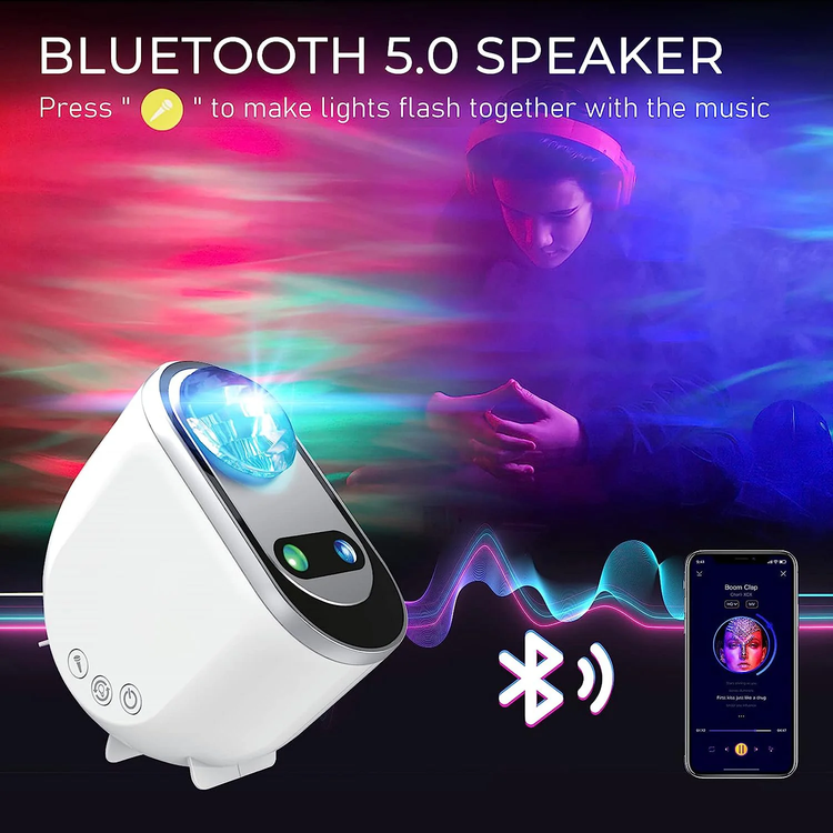 Aurora Northern Lights Projector showcasing Bluetooth speaker and colorful lighting effects with a user enjoying the ambiance.