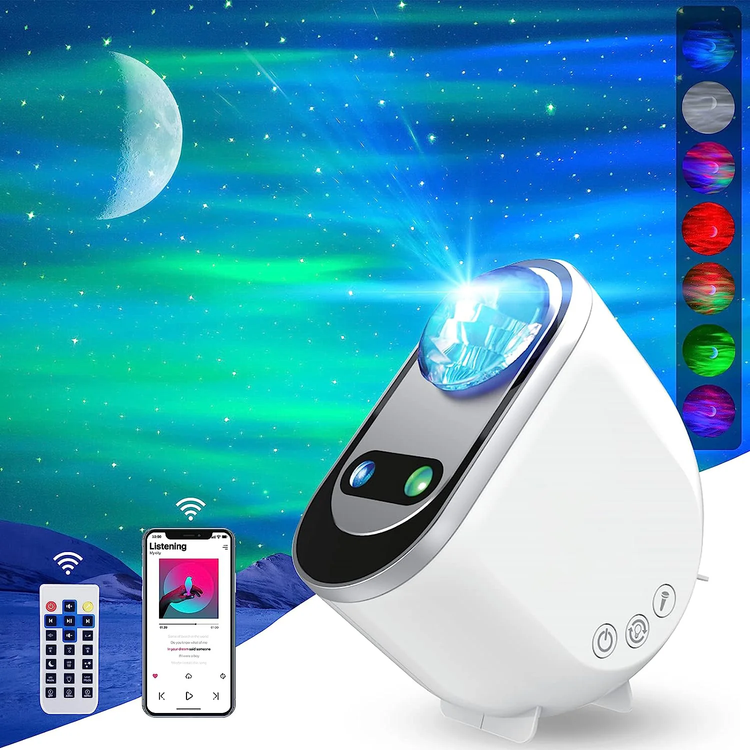 Aurora Northern Lights Projector showcasing colorful lights and Bluetooth functionality in a serene setting.