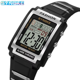 Retro Digital Sports Watch with LCD display, waterproof 50M, alarm, stopwatch, and comfortable strap.