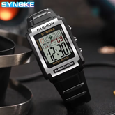 Retro Digital Sports Watch displaying time with alarm, stopwatch, and water resistant features.