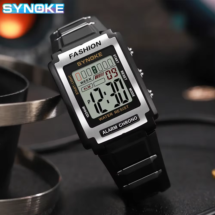 Retro Digital Sports Watch displaying time with alarm, stopwatch, and water resistant features.