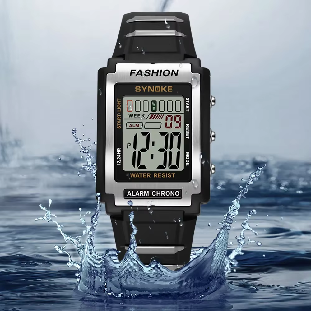 Retro Digital Sports Watch – Waterproof 50M, Night Light, Large Screen Alarm Clock