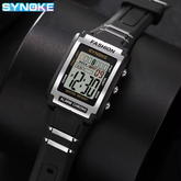 Retro Digital Sports Watch on a black surface with large LCD display and waterproof features.