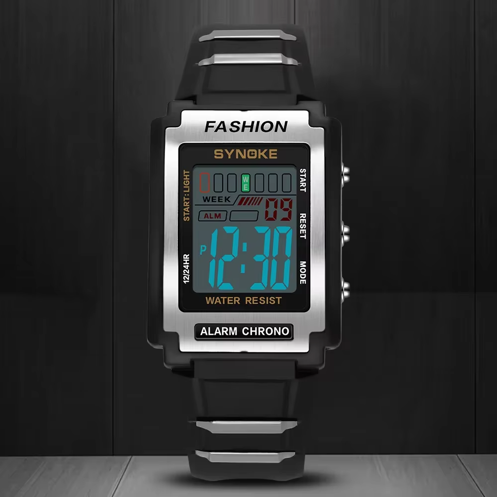 Retro Digital Sports Watch – Waterproof 50M, Night Light, Large Screen Alarm Clock