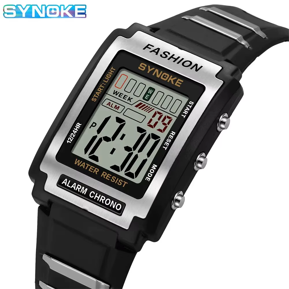 Retro Digital Sports Watch with large LCD display and waterproof 50M rating, perfect for sports and style.