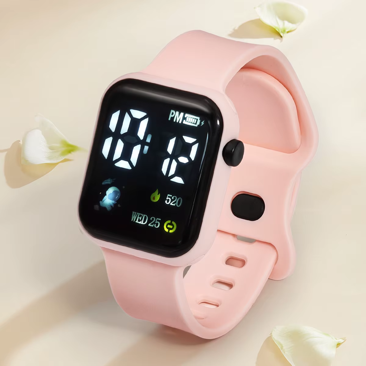 Astronaut Kids Square Digital Watch – Fun & Durable with colorful LED display and pink strap.
