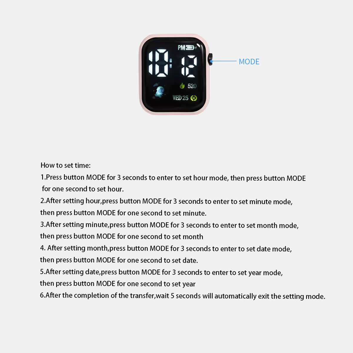 Astronaut Kids Square Digital Watch time setting instructions with clear steps and digital display.