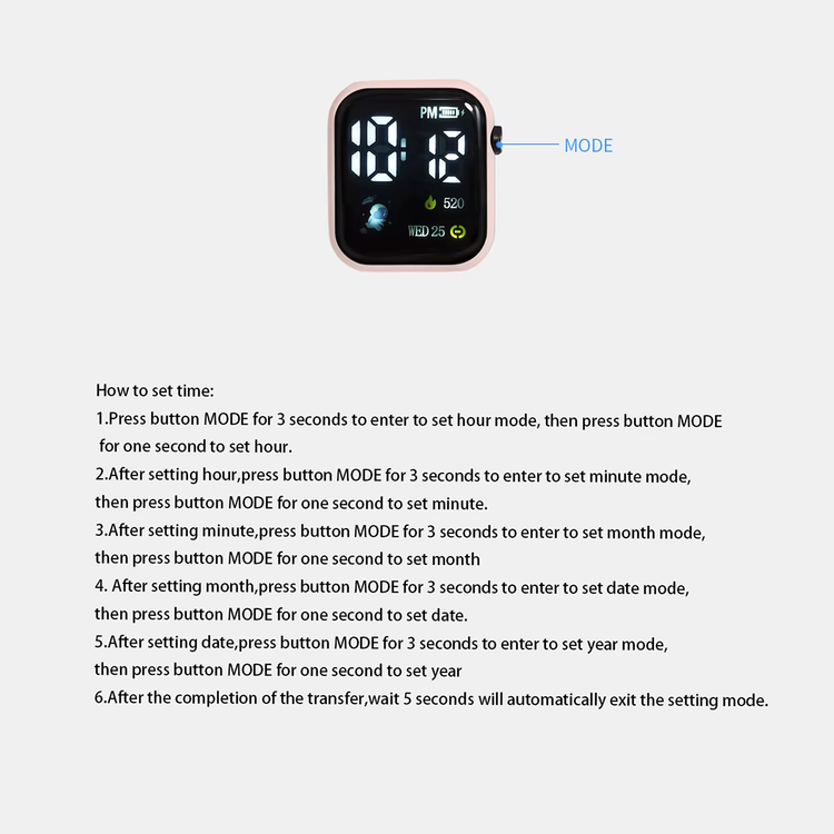 Astronaut Kids Square Digital Watch time setting instructions with clear steps and digital display.