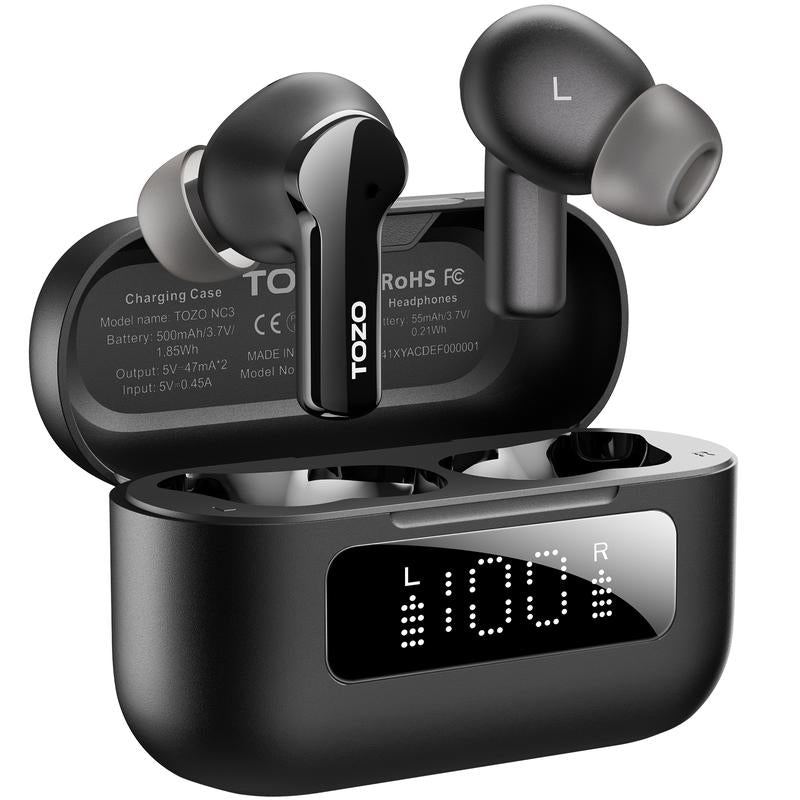 TOZO NC3 Hybrid ANC Earbuds, 6 Mics ENC Clear Call, 55H Long Playtime, 32 Preset Eqs via APP, Bluetooth 5.3 Headset, IPX8 Waterproof, In-Ear Headphones with LED Display Audio Electronic Noisecancellingheadphones Black