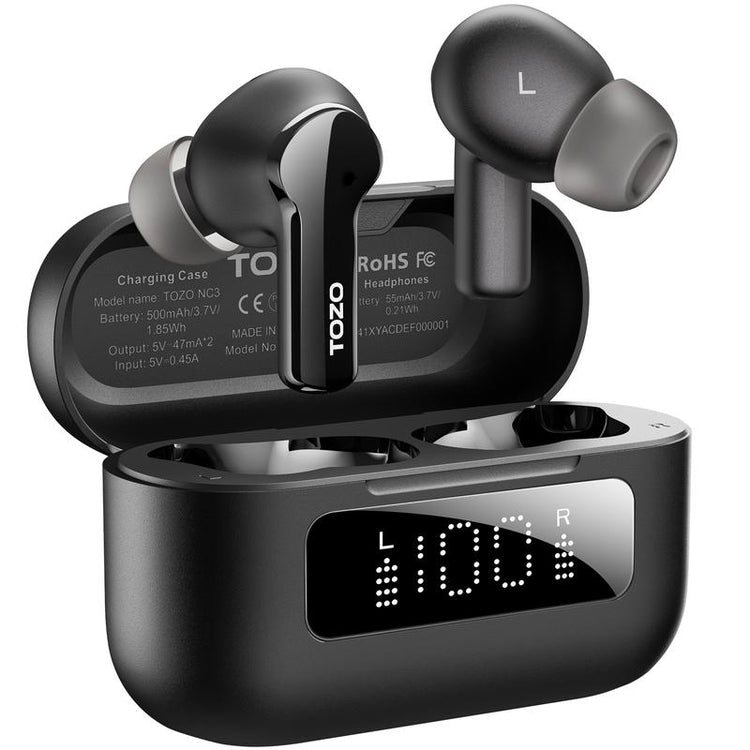 TOZO NC3 Hybrid ANC Earbuds, 6 Mics ENC Clear Call, 55H Long Playtime, 32 Preset Eqs via APP, Bluetooth 5.3 Headset, IPX8 Waterproof, In-Ear Headphones with LED Display Audio Electronic Noisecancellingheadphones Black