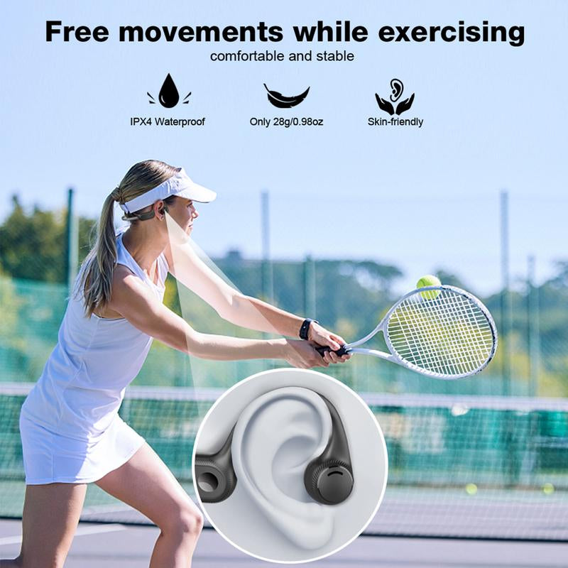 Air conduction headphones for sports worn by a female athlete playing tennis outdoors, showcasing free movements while exercising.