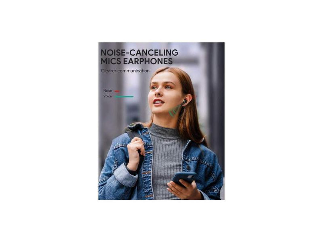 Aukey EP-T21P Wireless Earbuds in use, featuring noise-canceling mics for clearer communication.