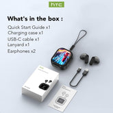 Bluetooth 6.0 Wireless Earphones – HTC NE20 package contents including earphones, charging case, and accessories.