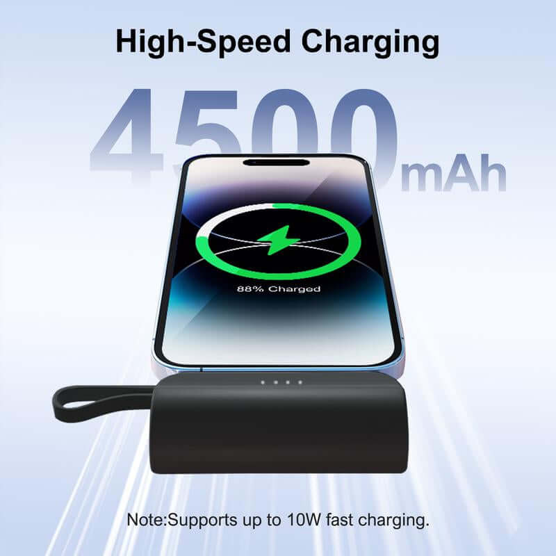 4500Mah Mini Power Bank with Built in 2 Cables & Lanyard - Ultra Compact Portable Charger Iphone,Android , Phone Holder, Charging Chargeable Black Smartphone Accessories