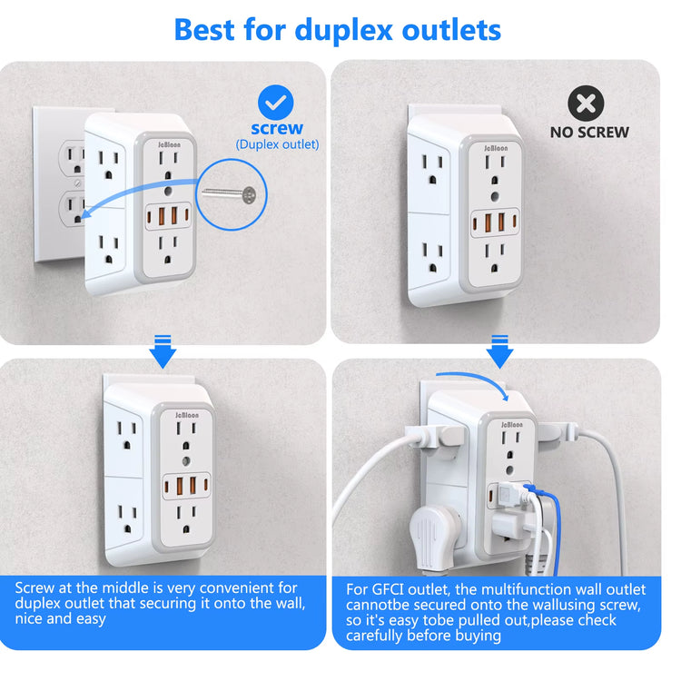 Multiple Sockets US Plug Power Strip with 6 AC Outlets 4 USB Ports(2 Type C), Wall Socket Universal Network Filter Fast Charging