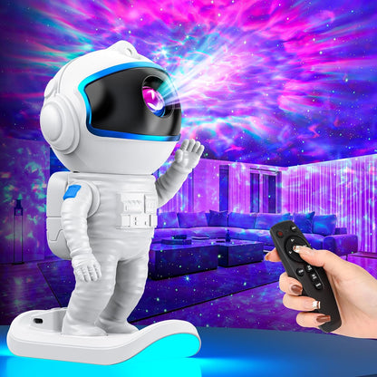 Galaxy Star Projector Night Light with astronaut figure and remote control, creating a nebula ceiling effect.