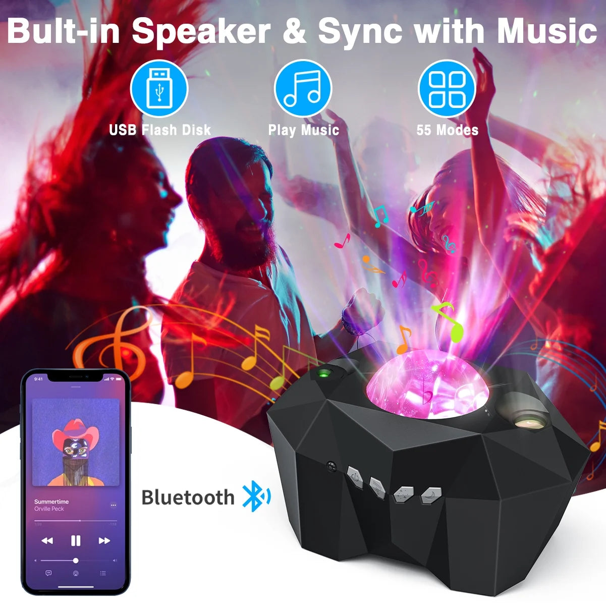 Galaxy Star Projector Night Light with Bluetooth Speaker and music synchronization for parties and relaxation.