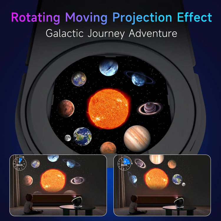 Planetarium Style Galaxy Projector displaying a rotating star and planet projection effect in a cozy room setting.