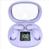 Wireless noise cancelling earbuds for fitness in a stylish purple charging case with digital display.