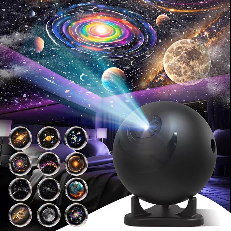 Planetarium Projector Bedroom showcasing 12 image discs projecting colorful cosmos scenes onto a bedroom ceiling.