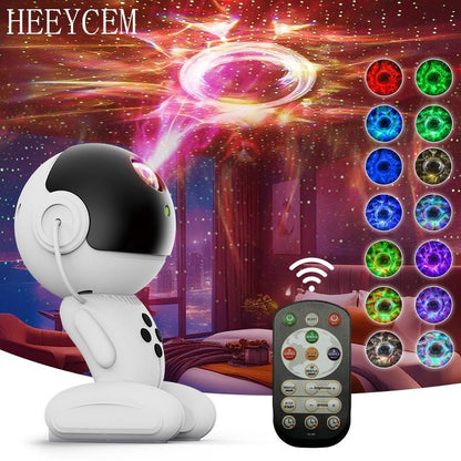 White astronaut robot galaxy projector showing twelve multi-color nebula cloud modes and a handheld remote.