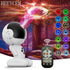 White astronaut robot galaxy projector showing twelve multi-color nebula cloud modes and a handheld remote.