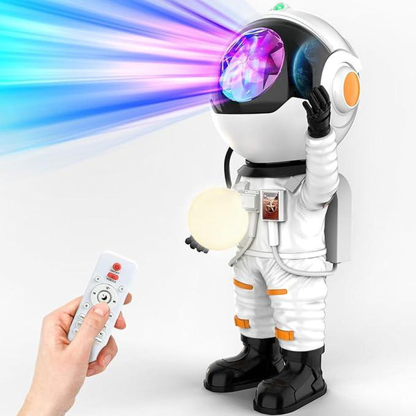 Astronaut Galaxy Projector in action with remote control and colorful light projections