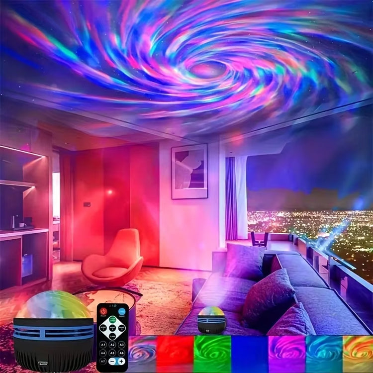 LED Galaxy Projector casting colorful cosmic patterns in a stylish room with remote control and USB feature.