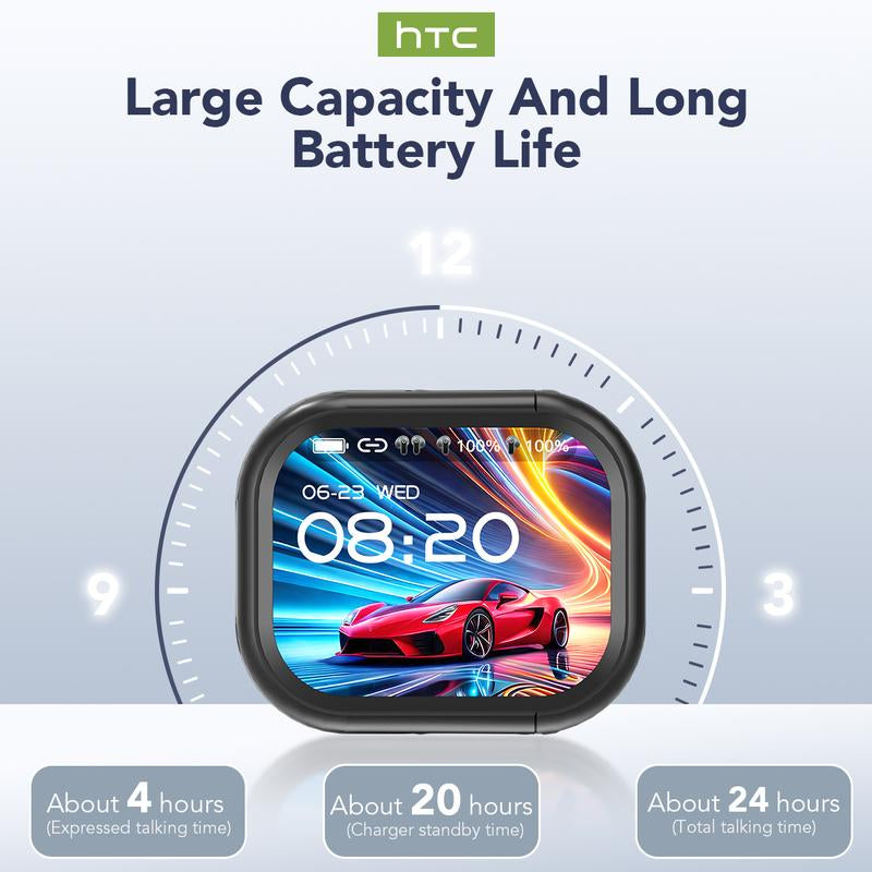 Bluetooth 6.0 Wireless Earphones - HTC NE20 LED Display showing battery life and performance stats