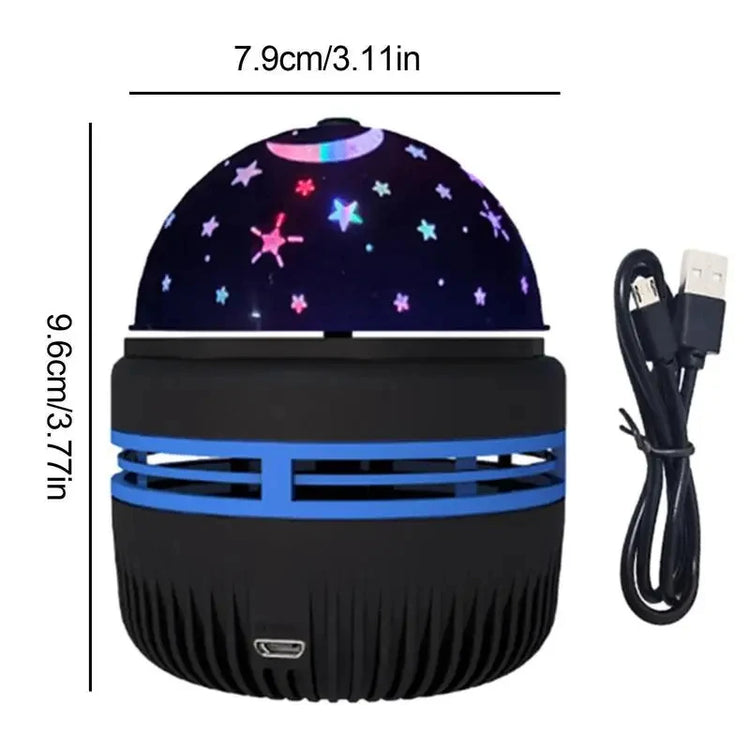 LED Starry Sky Projector showing USB magic ball night light with starry projection and power cable.