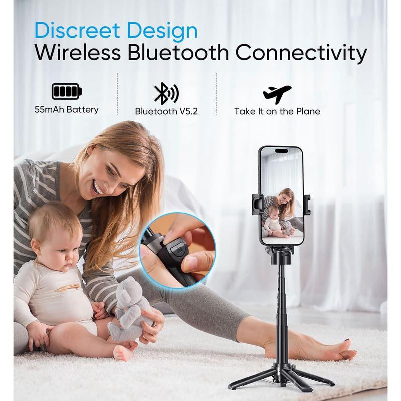 Phone Tripod, Portable Selfie Stick, Pocket Size Selfie Stick for Iphone, Selfie Stick with Wireless Detachable Remote Control & 2 Fill Light for Photograph, Live Streaming, Video Recording