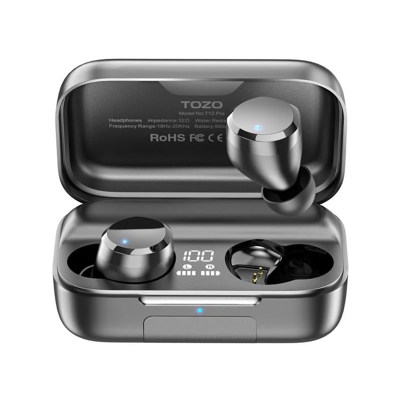 TOZO T12 Pro Wireless Earbuds – aptX Stereo, CVC 8.0 Noise Cancellation, IPX8 Waterproof, Touch Control, 2500mAh Charging Case