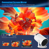 Portable Mini Projector 720P displayed with screen mirroring feature on colorful floral background