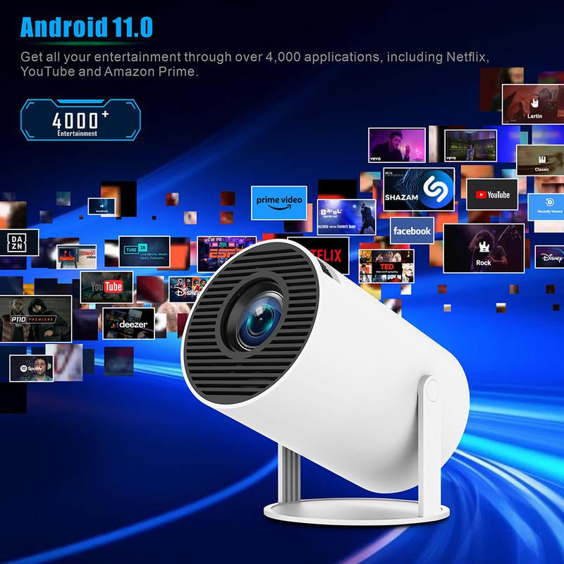 Portable Mini Projector 720P with Android 11.0 for over 4000 apps like Netflix and YouTube.
