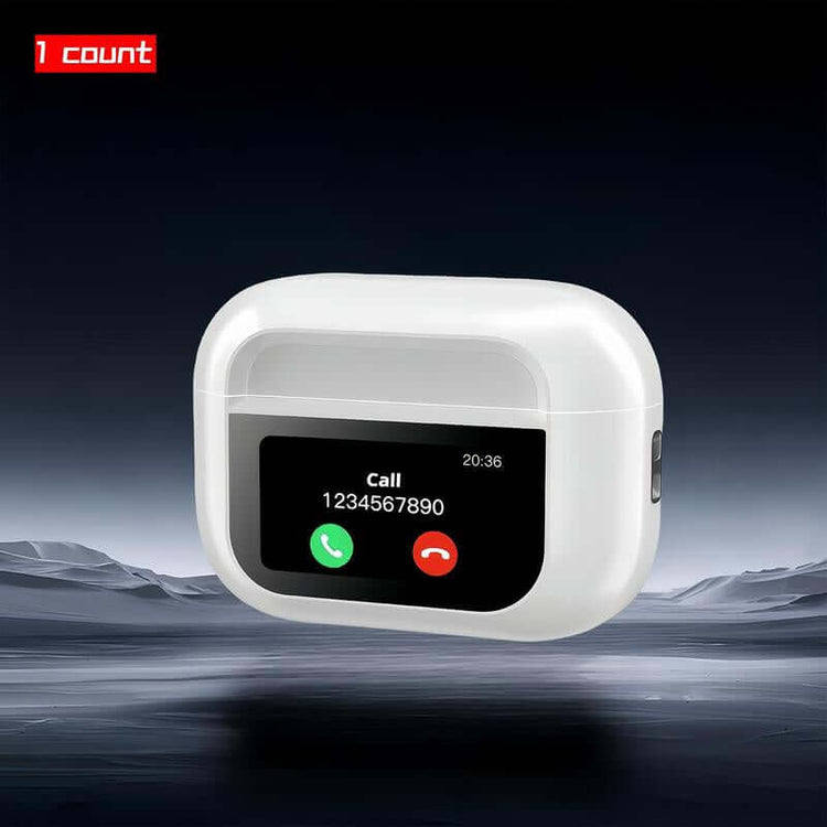 Full Color Display Wireless Earbuds charging case with LCD screen showing call information.