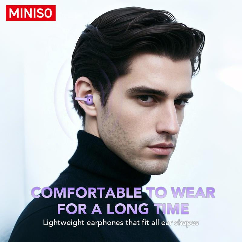 MINISO wireless earbuds worn on collar