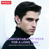 MINISO wireless earbuds worn on collar