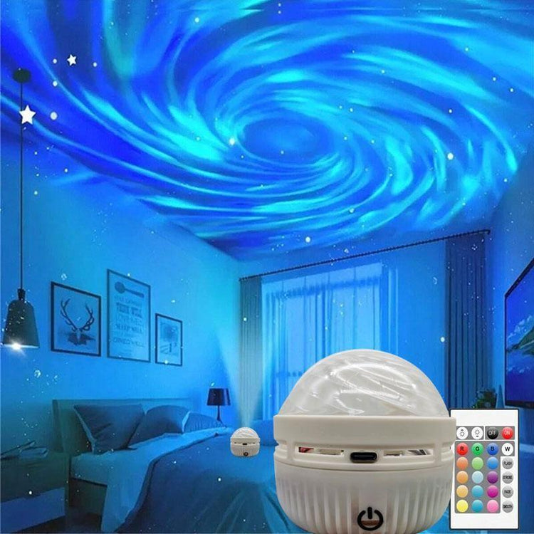Black Hole Aurora Projector creating a water ripple and northern lights effect on a bedroom ceiling.