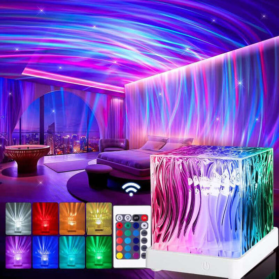 Northern Lights Projector creating a colorful galaxy ambiance in a bedroom with ocean waves and a Bluetooth speaker.