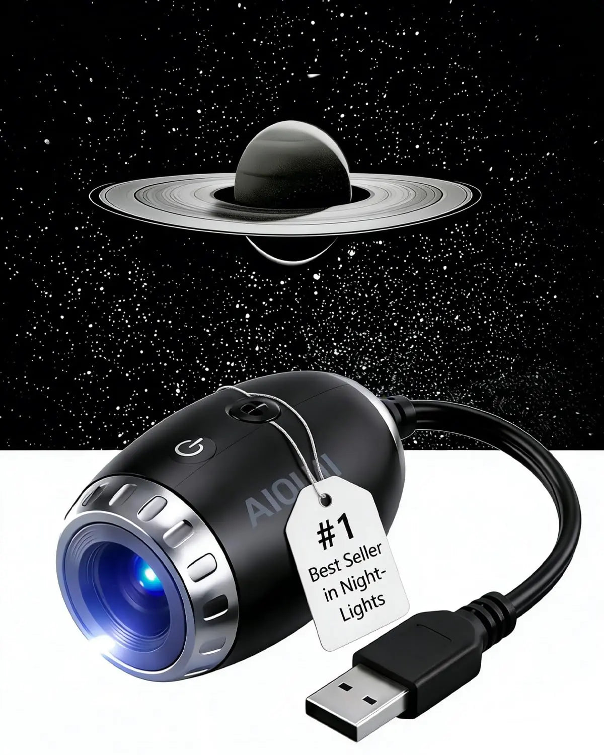 Black mini projection light casting a ringed Saturn planet graphic, shown with a number one bestseller retail tag.