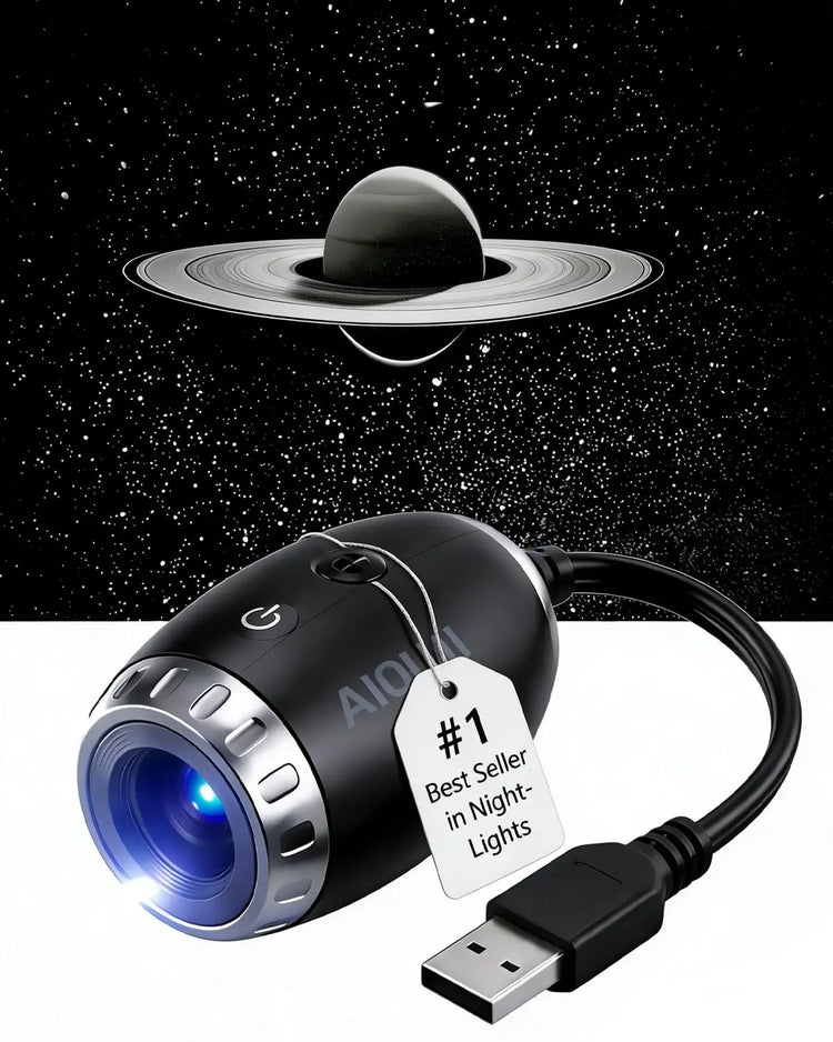 Black mini projection light casting a ringed Saturn planet graphic, shown with a number one bestseller retail tag.
